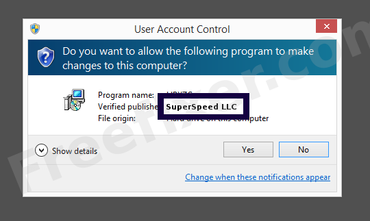Screenshot where SuperSpeed LLC appears as the verified publisher in the UAC dialog